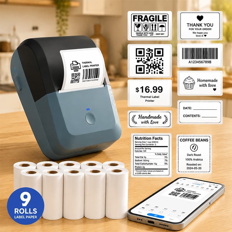Kit Impressora de Etiquetas Bluetooth Térmica Sem Tinta + 9 Rolos Adesivos Mini Portátil iOS Android Etiquetadora