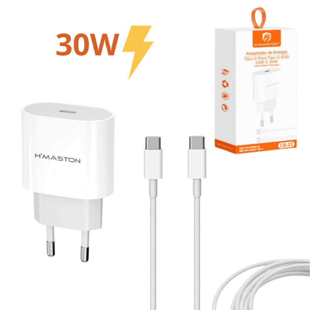 H"Maston CB23 iPhone 15 Iphone 16 Turbo Tipo-C 30W + Cabo Tipo-C para Tipo-C