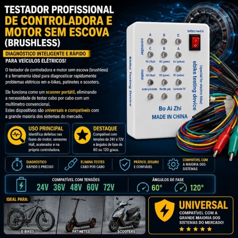 Testador Controladora, Bike, Scooter, Patinetes, Sem Escovas 60 °/120 ° 24V~72V