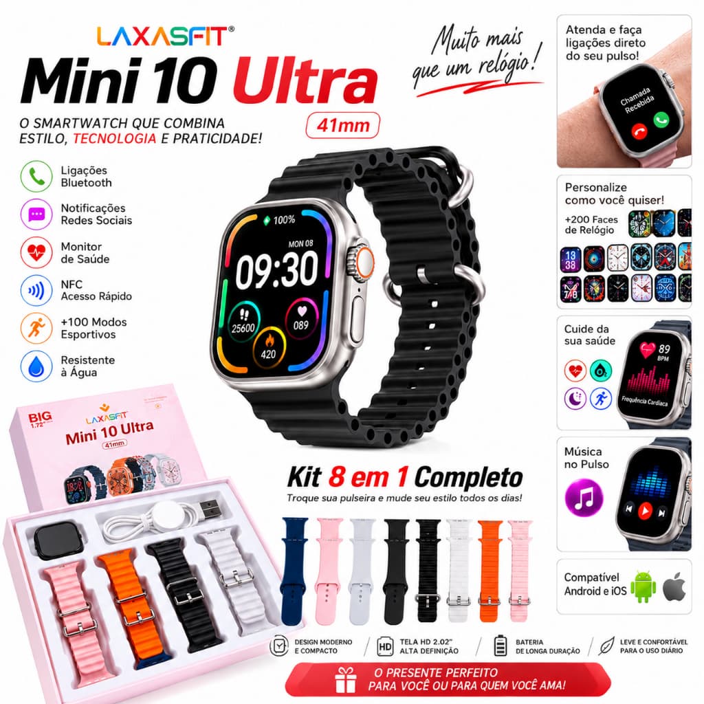 Smartwatch Laxasfit Mini 10 Ultra 41mm Kit 8 Pulseiras Bluetooth NFC