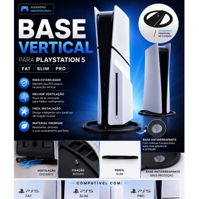 Suporte PLAYSTATION 5 Fat Slim e Pro +Parafuso+Antiderrapante base silicone- Varias Cores