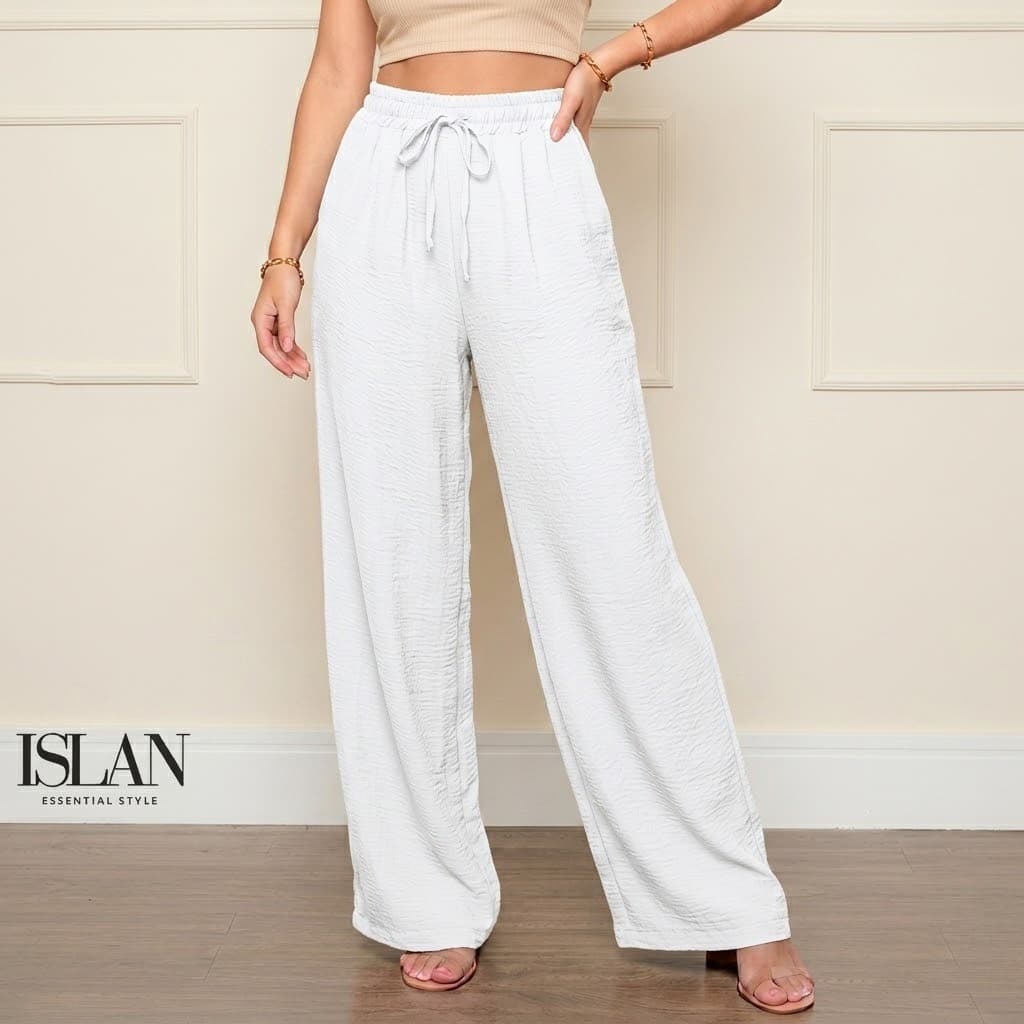 Calça Pantalona Cintura Alta Tecido Duna Feminina Com Bolsos Laterais
