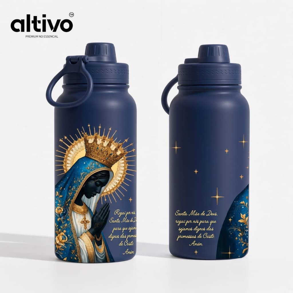Garrafa Térmica Nossa Senhora Aparecida Religiosa 600ML com Tampa Rosqueável e Alça em Aço Inoxidável