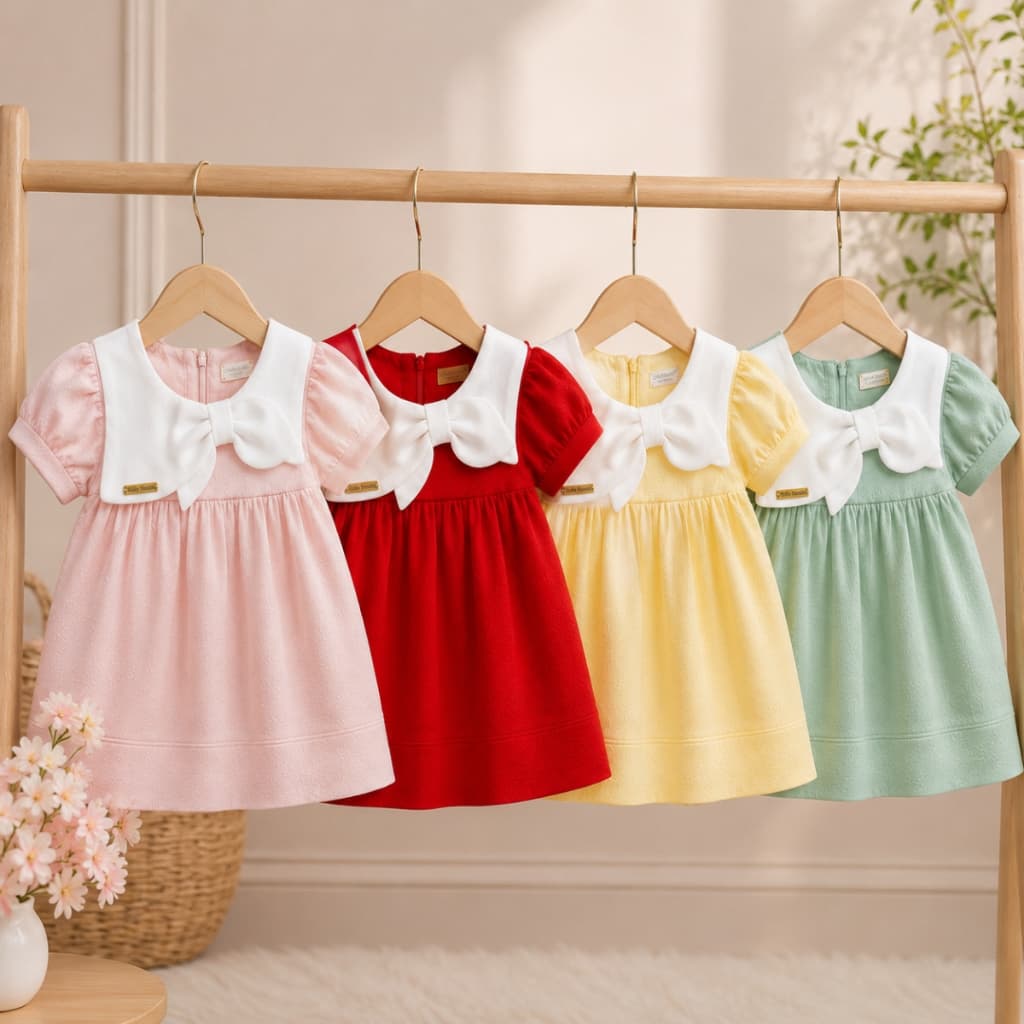 Vestido Infantil Bebe Detalhe Gola em Laço Para Menina Vestidinho Tecido Algodão Confortavel Para Bebes