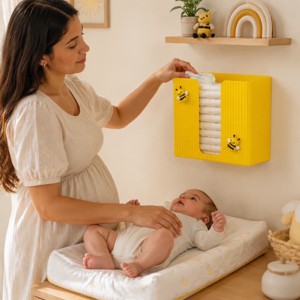 Porta Fraldas de Parede Abelhinha Organizador Bebê Infantil Quarto Trocador Amarelo Fita Dupla Face Decoração