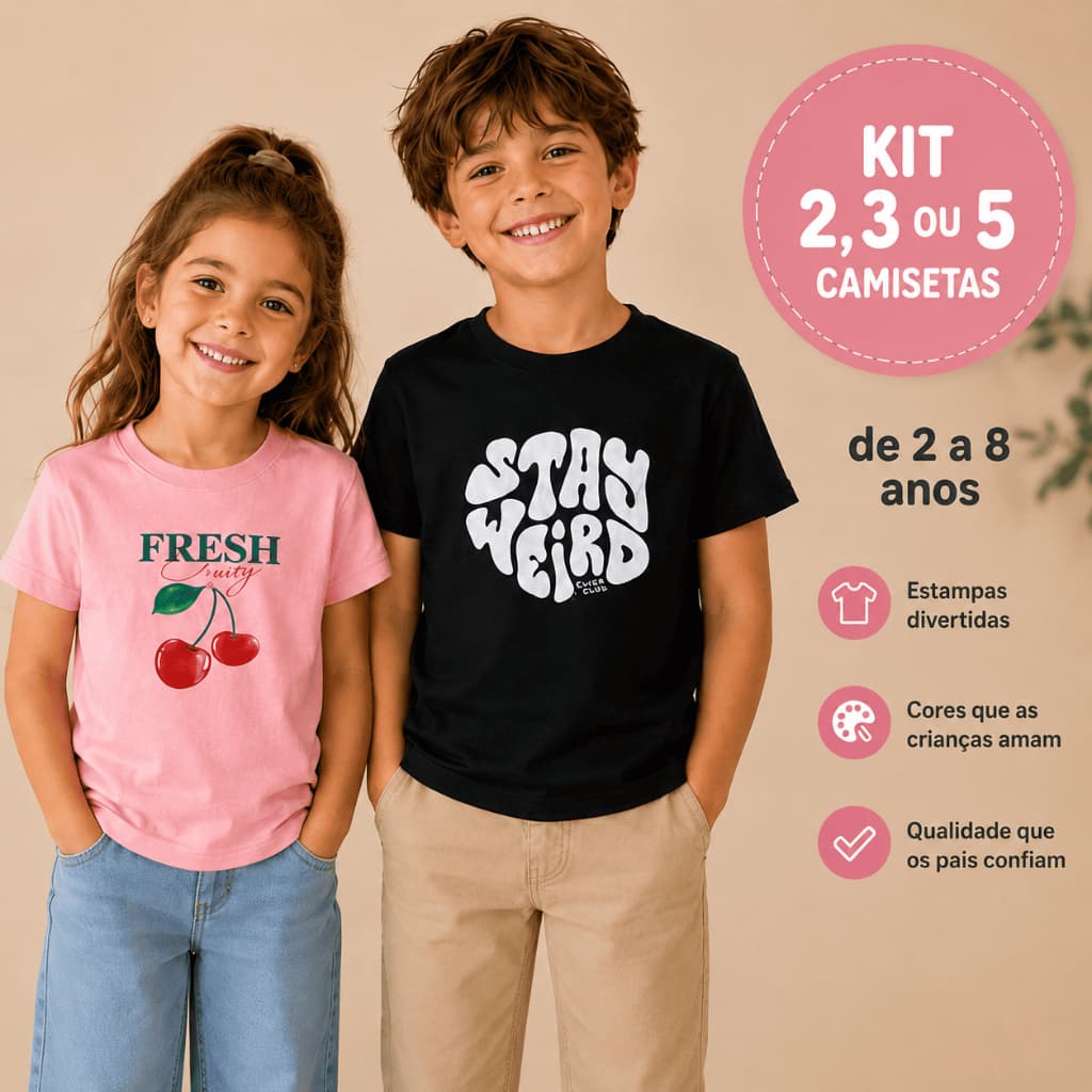Kit Camiseta Infantil Cores e Estampas Sortidas de 2 a 8 Anos Algodão Premium Menino Menina