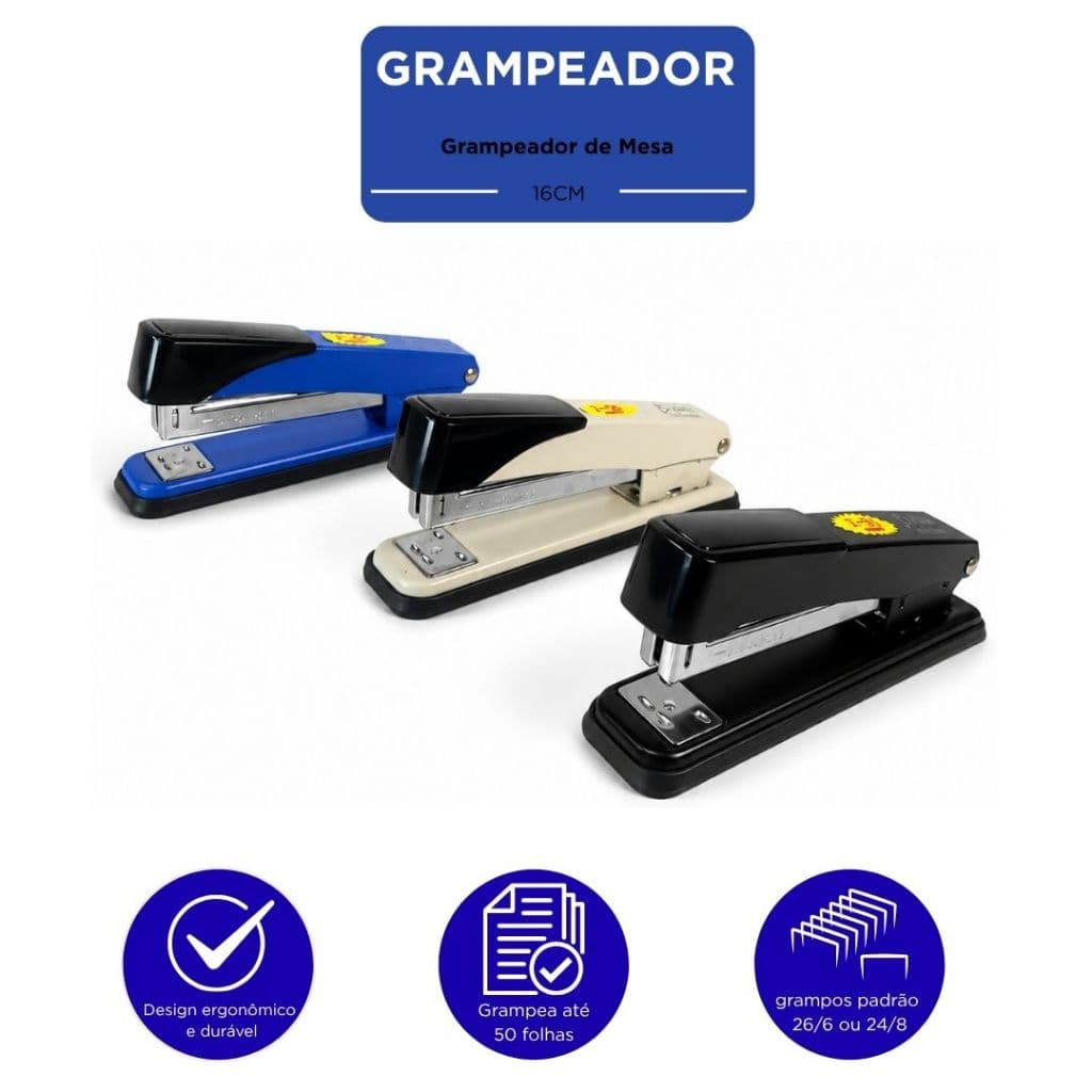 Grampeador de Papel 50 folhas em Metal Resistente | Grampeador Escritório Profissional Cores
