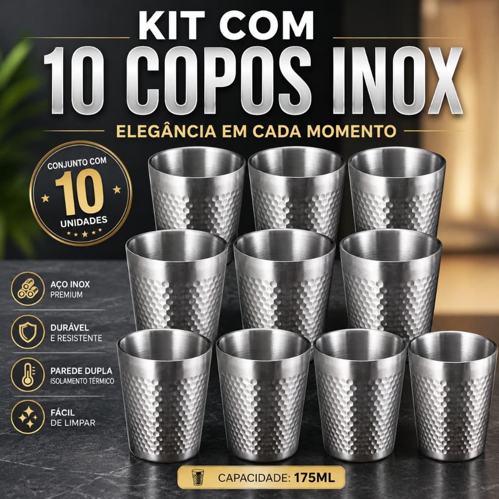 Kit 10 Copos Inox 175ml Parede Dupla Térmico para Café Chá Cerveja Whisky