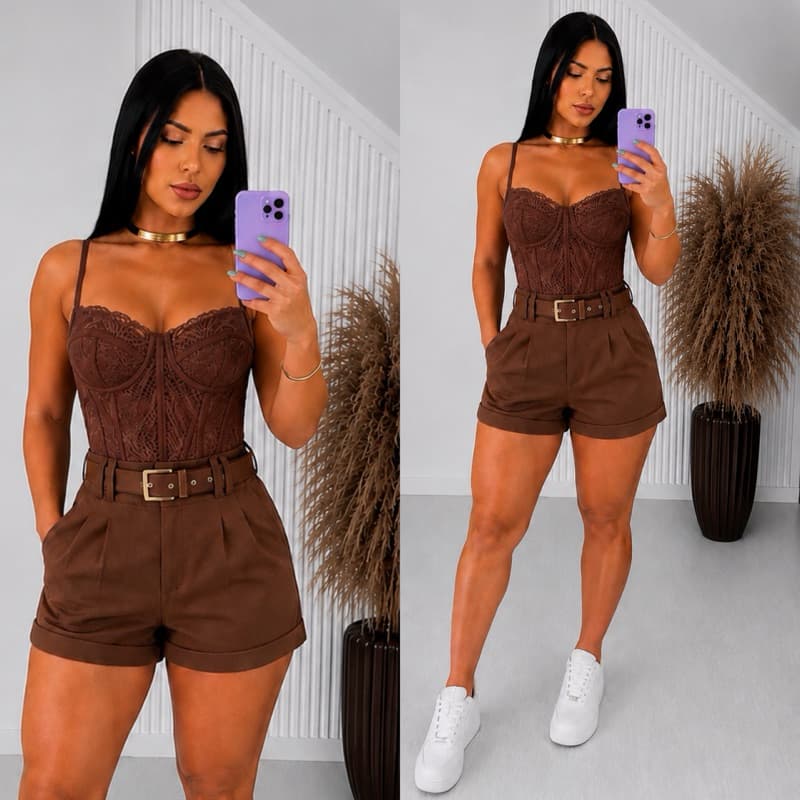 Shorts Feminino Alfaiataria Cintura Alta com Cinto Removível para Festas Eventos e Looks Elegantes
