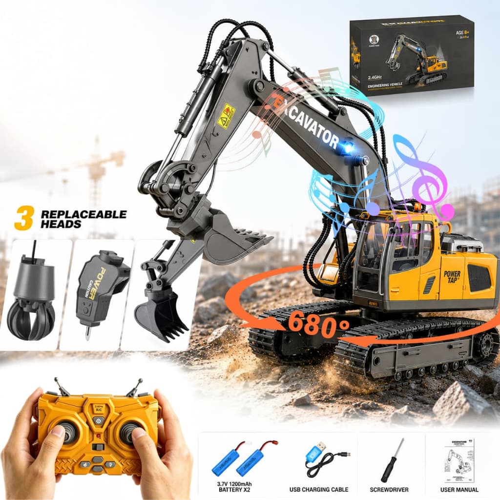 Escavadeira Rc 1:20 13 Canais Controle Remoto Dourado Ligas Escavadeira Telecontrolada Com 3 cabeçotes de escavação