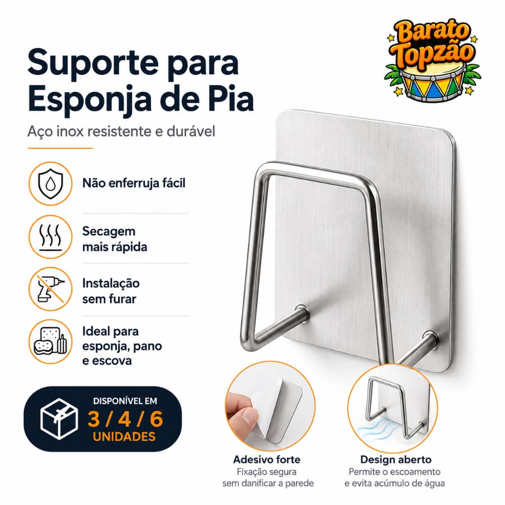 Kit 2/3/4/6 Suporte Porta Esponja Pia Cozinha Aco Inox Adesivo Sem Furar Escorredor Bucha Organizador - Envio Imediato