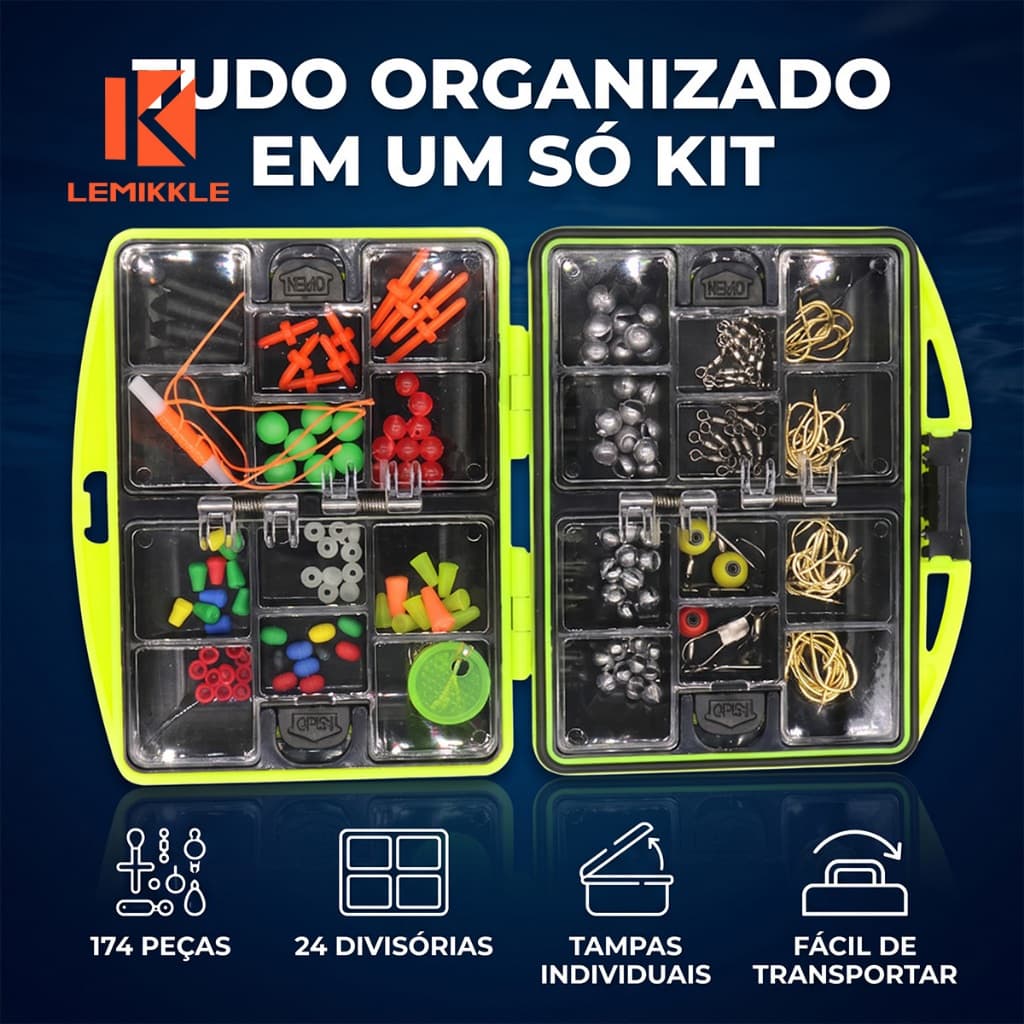 LEMIKKLE - Acessórios de Pesca 185 Peças  Anzóis, Chumbadas, Giratórias, Paradas, Completo Para Pesca no Costão