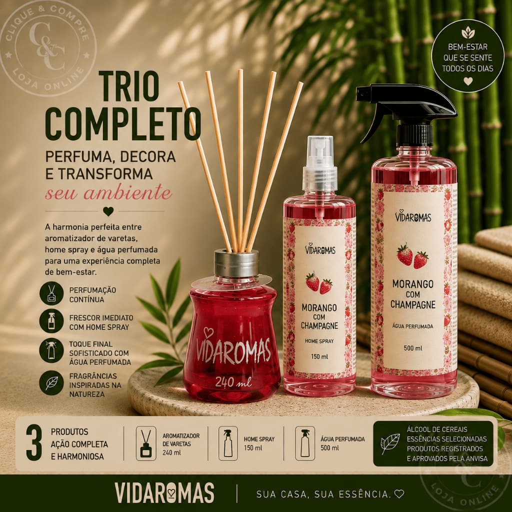 Kit Completo Água Perfumada + Home Spray + Aromatizador de Varetas Vidaromas