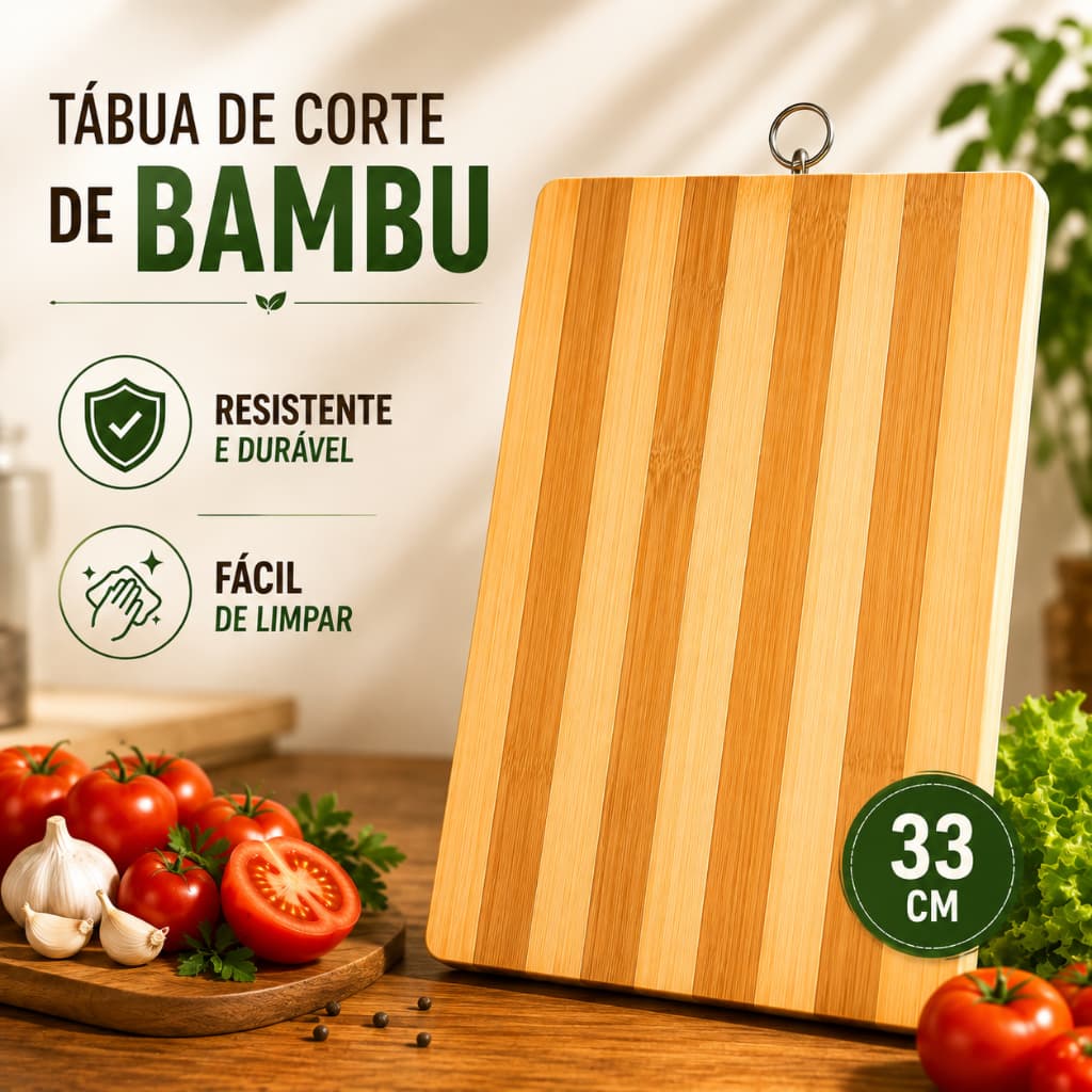 Tábua de Corte Bambu 33x22cm Tábua de Carne Churrasco Cozinha Legumes Frutas Queijos  com Alça Frios