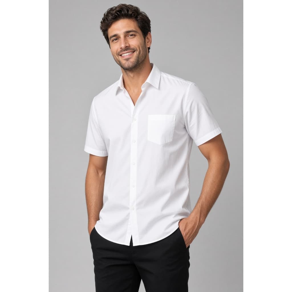 Camisa Masculina Social Branca Manga Curta Lisa Microfibra com Elastano Formal Profissional Uniforme Escritório
