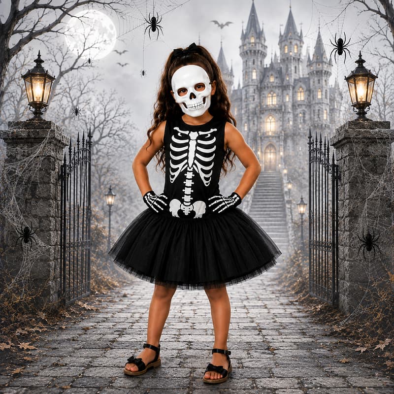 Fantasia Infantil de Esqueleto com Saia de Tule e Máscara – Look Halloween Completo