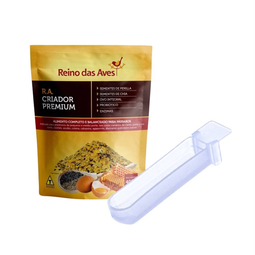 RA Criador Premium 400g + Comedouro Unha ração premium para canários, curiós, calafates e outros pássaros granívoros