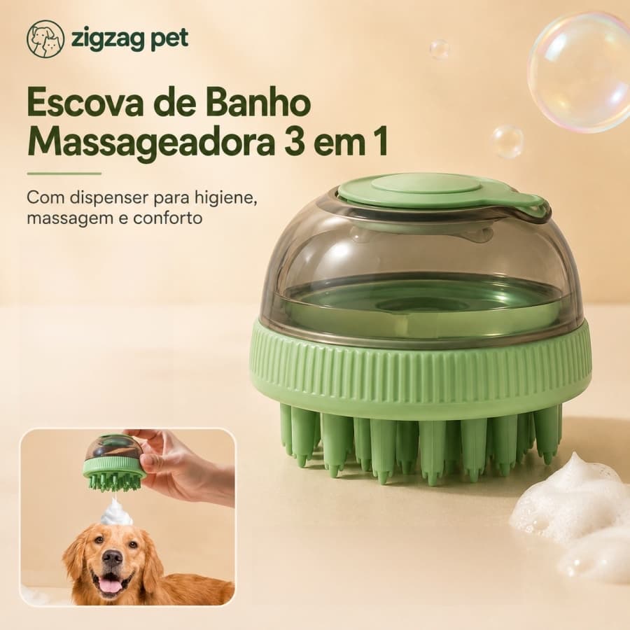 Escova de Banho Pet 3 em 1 com Dispenser 80ml Massageadora de Silicone para Cães e Gatos