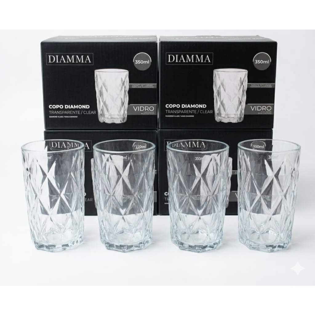 Jogo Copos Vidro Diamond Gamma 350ml Agua Vinho Suco Refrigerante Mesa Posta Lindo Decoração Casa