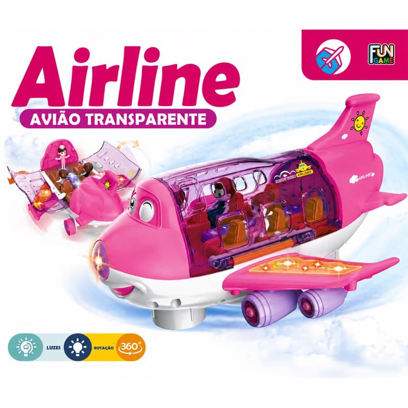 Avião Transparente Infantil Com Luz, Som e Giro 360° Rosa