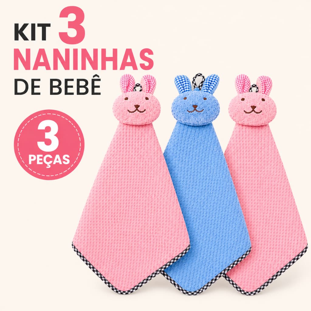 Kit 3 Naninha para Bebê Coelhinho Toalhinha Infantil Macia Paninho de Conforto Menino Menina Enxoval