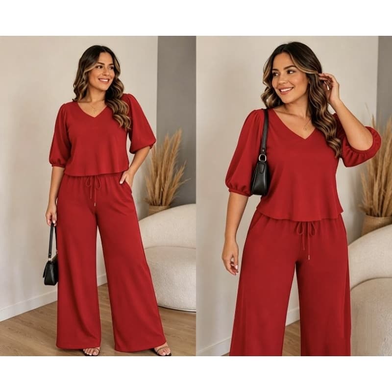 Conjunto Feminino Blusa Manga 3/4 + Calça Pantalona em Tecido Dunas – Elegante
