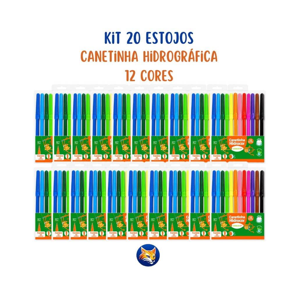 Kit 20 De Estojos Caneta Hidrográfica Hidrocor Lavável Canetinha Com 12 Cores Leo&Leo