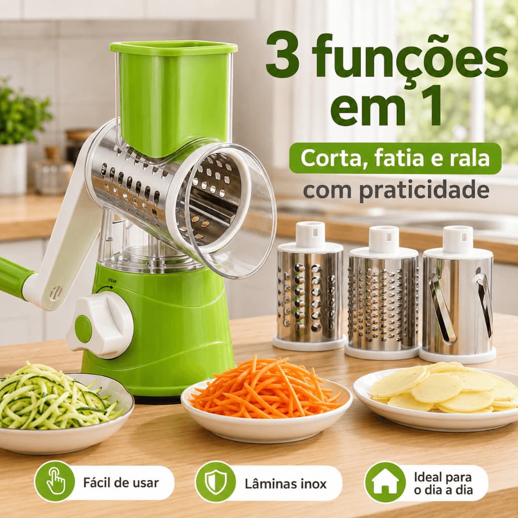 Ralador Rotativo Manual 3 em 1 para Cozinha, Cortador, Fatiador e Ralador de Legumes, Batatas e Queijo com 3 Lâminas Ino