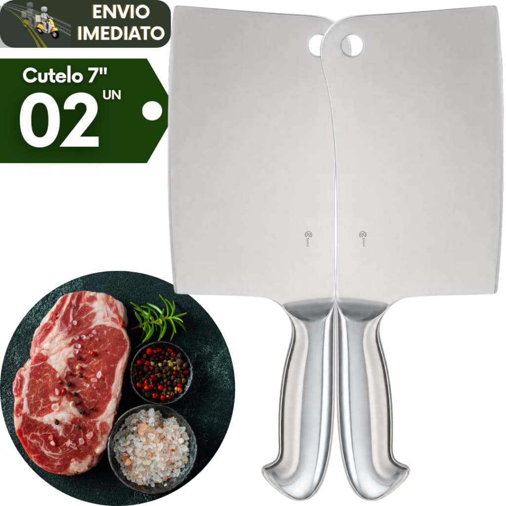 Kit 2 Faca Cutelo Machado 7 Polegada Aço Escovado Cortes Robustos Ideal Cozinha Churrascaria Açougue