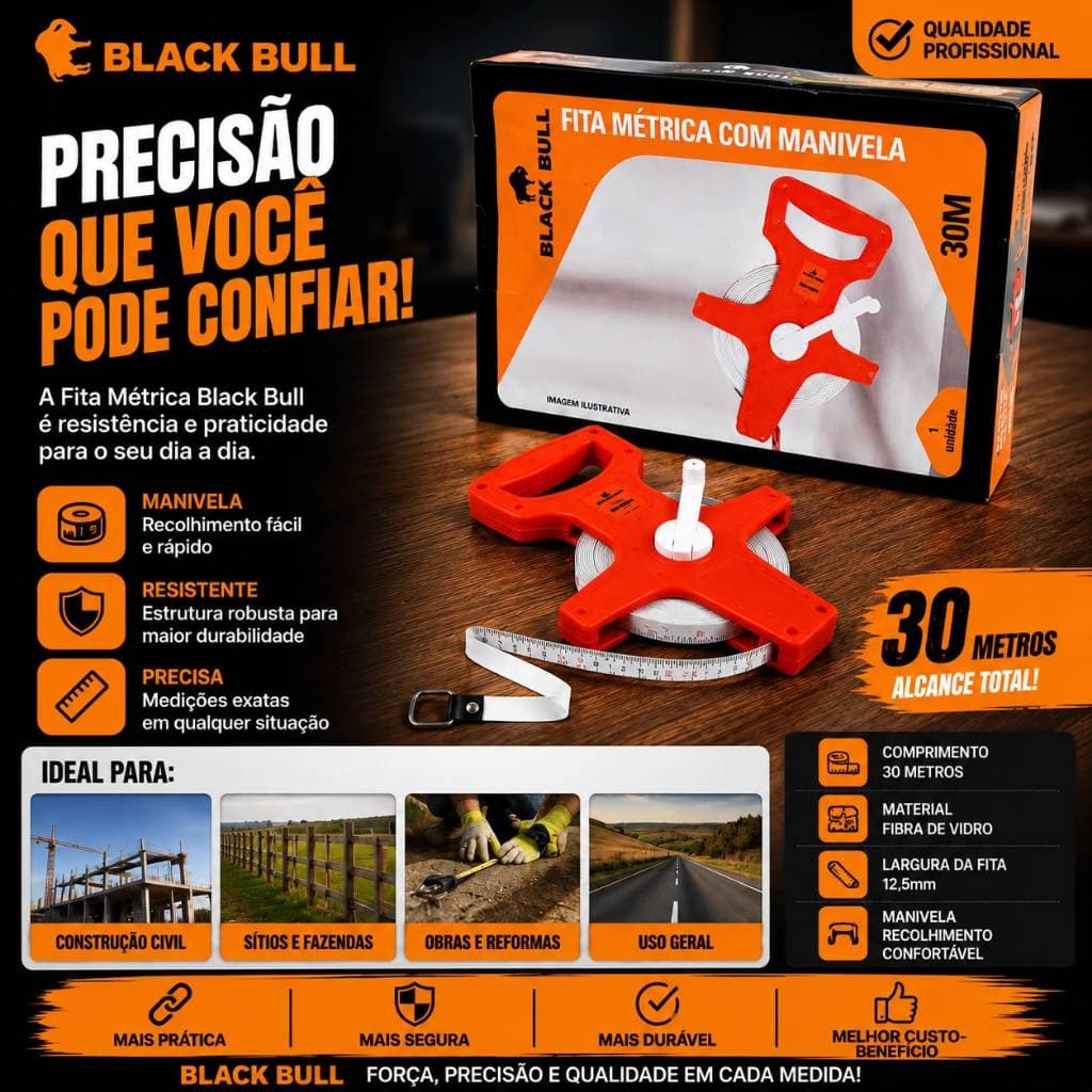 Trena Fita Métrica Longa 30m com Manivela Black Bull – Uso Profissional
