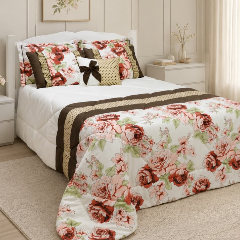 Kit Edredom Casal Queen King 7 Peças Estampado Floral Vitoria Toque Macio Suave