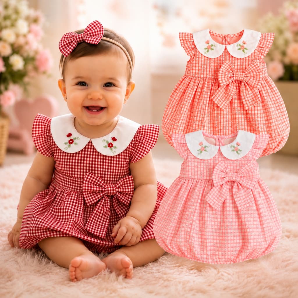 Vestido Balone Infantil Meninas Bordado Quatro Golas Laço Vestido Quadriculado Baby Confortavel Bordado