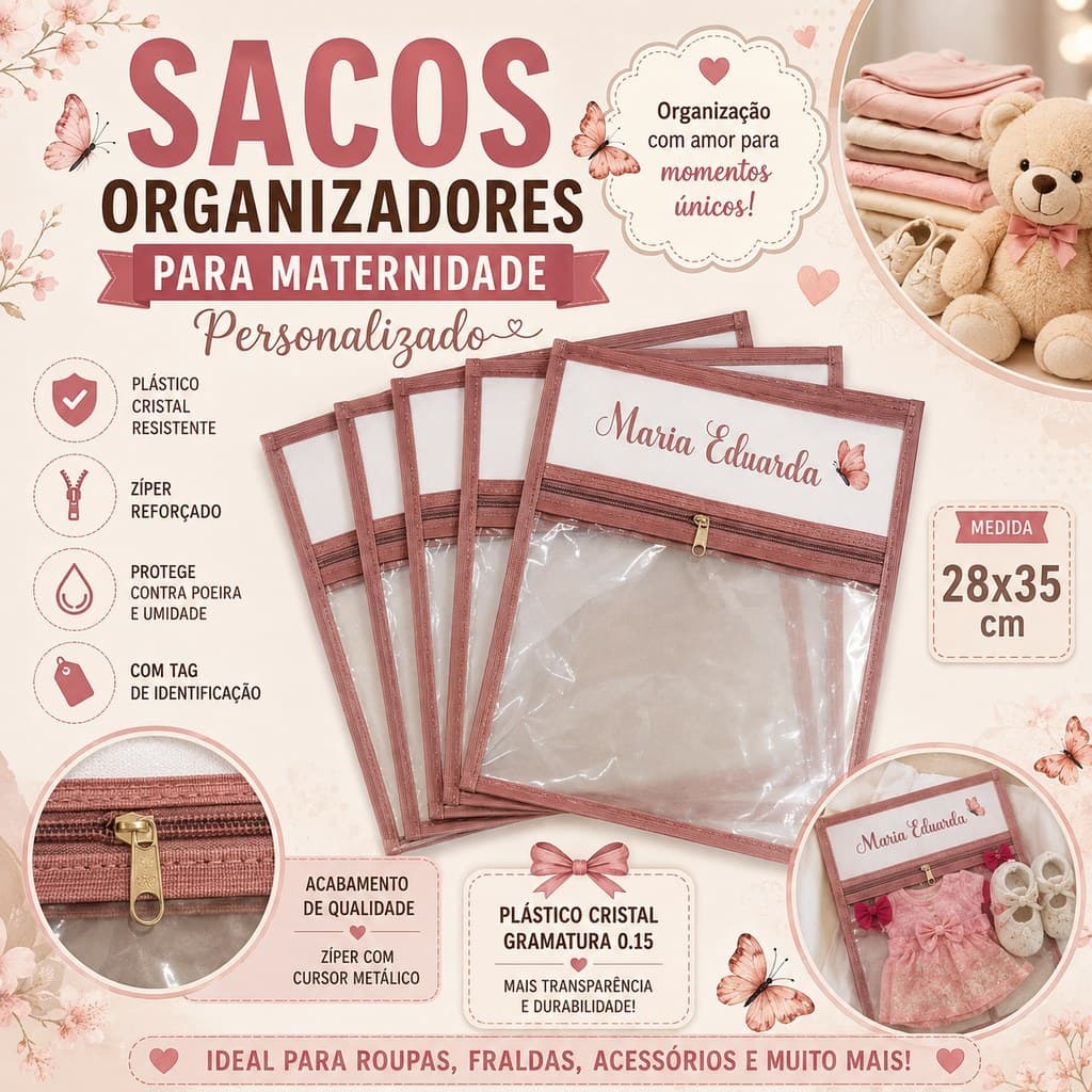 Sacos Organizadores para Maternidade Personalizados 28x35cm em Plástico Cristal