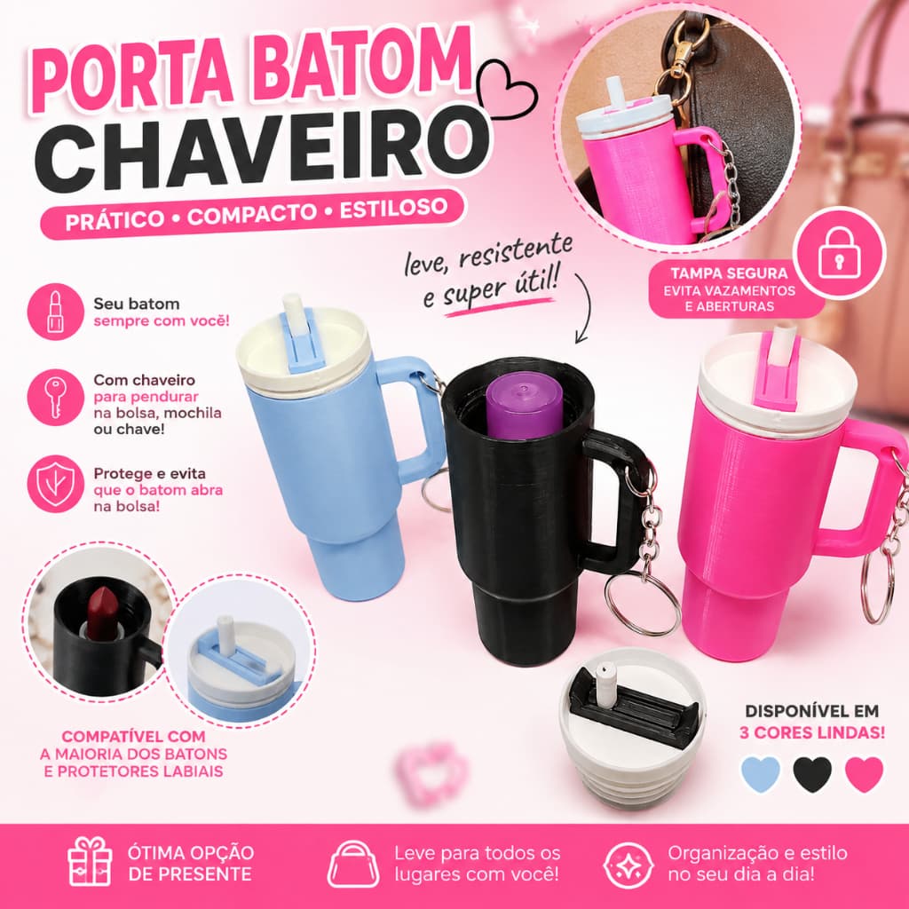 Chaveiro Porta Batom Chaveiro 3D | Suporte Porta Batom com Tampa | Estojo Protetor para Bolsa e Mochila
