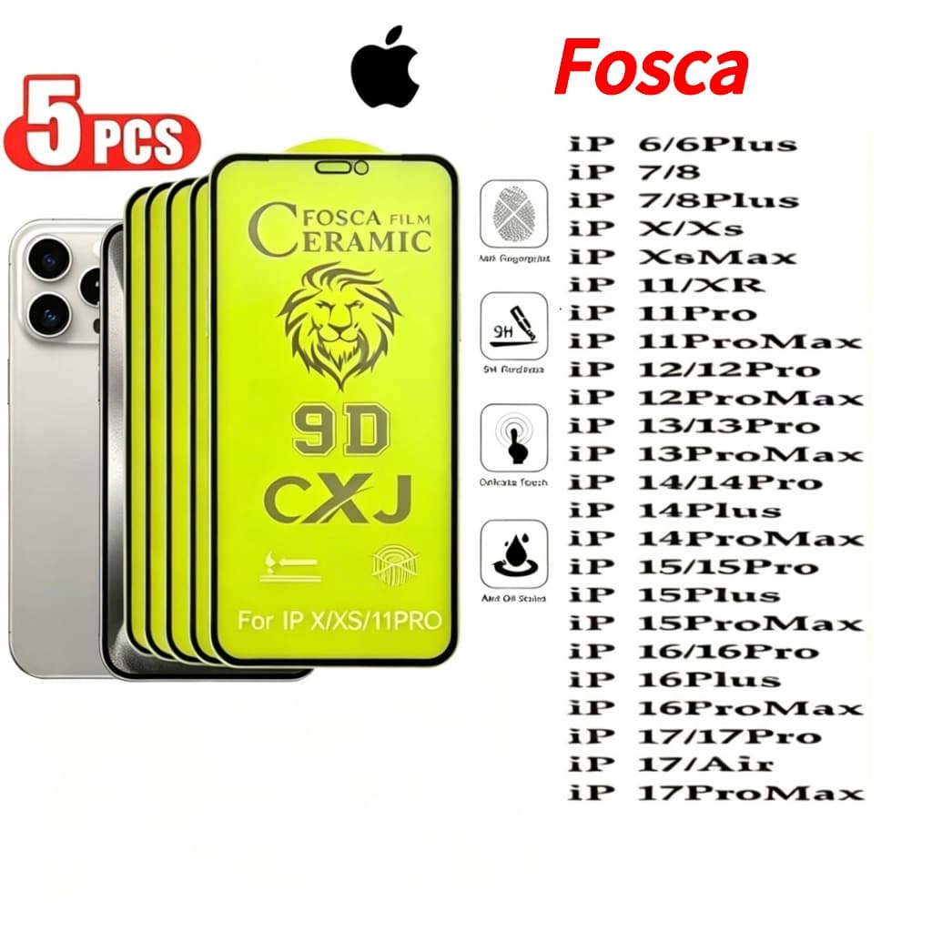 Película Cerâmica Fosca para iPhone 7/ 8/ Xs/ Xr/ 11/ 12/ 13/ 14/ 15/ 16/ 16Pro/ 16Pro Max/ 17/ 17AIR/ 17 PRO MAX