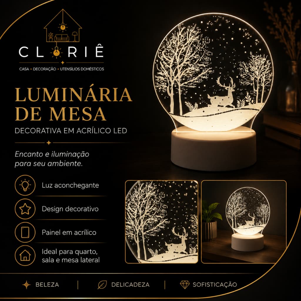 Luminária 3D Natalina com Rena Luz Decorativa