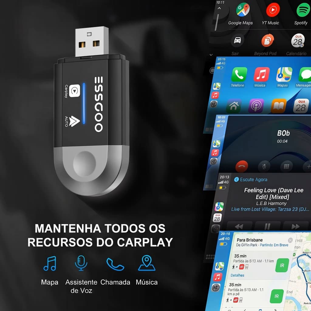 Adaptador CarPlay Wireless ESSGOO PL6 Android Auto Sem Fio USB USB-C Bluetooth WiFi