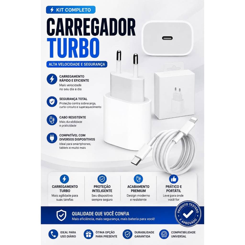 Kit Carregador De Iphone Fonte com Cabo Carregamento Rápido 1M