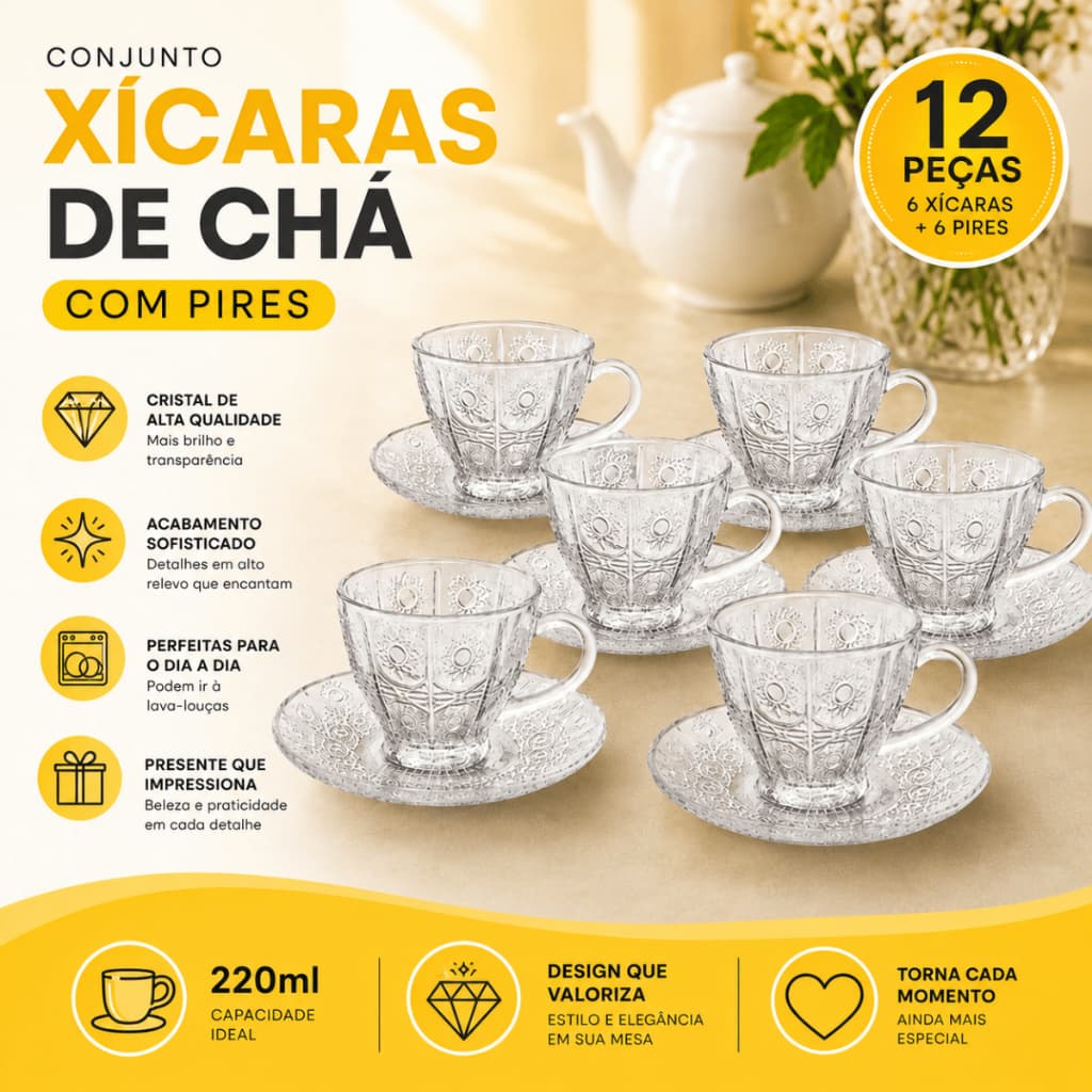 Kit 6 Xícaras com Pires de Vidro 220ml Transparente Café Chá 12 Peças Decoradas ENVIO IMEDIATO