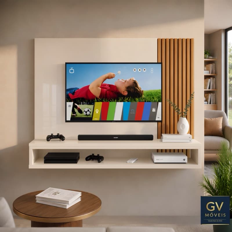 Painel para TV Até 50 Polegadas com Ripado 3D Nichos Funcionais e Prateleira Elegante Sala ou Quarto