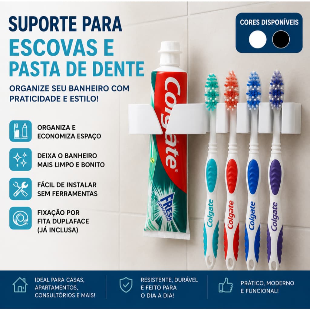 Porta Escova para 2 ou 4 Escova e Pasta Organizador de Banheiro Suporte para 2 ou 4 escovas Autoadesivo Sem Furar