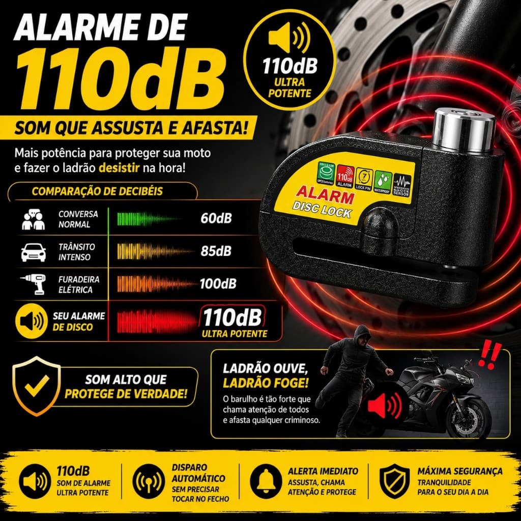 Trava Disco Moto Com Alarme 110dB Cadeado Disco Moto Sensor Vibração Anti Furto Resistente Água com 2 Chaves