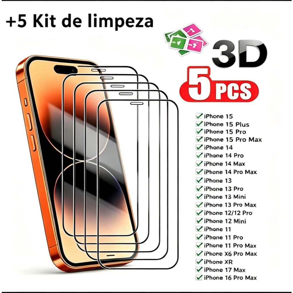 Kit 5Kit 10Kit 20 Película de Vidro Temperado 3D Pelicula para iPhone 11 12 13 14 15 16 17 Air Pro Max Plus
