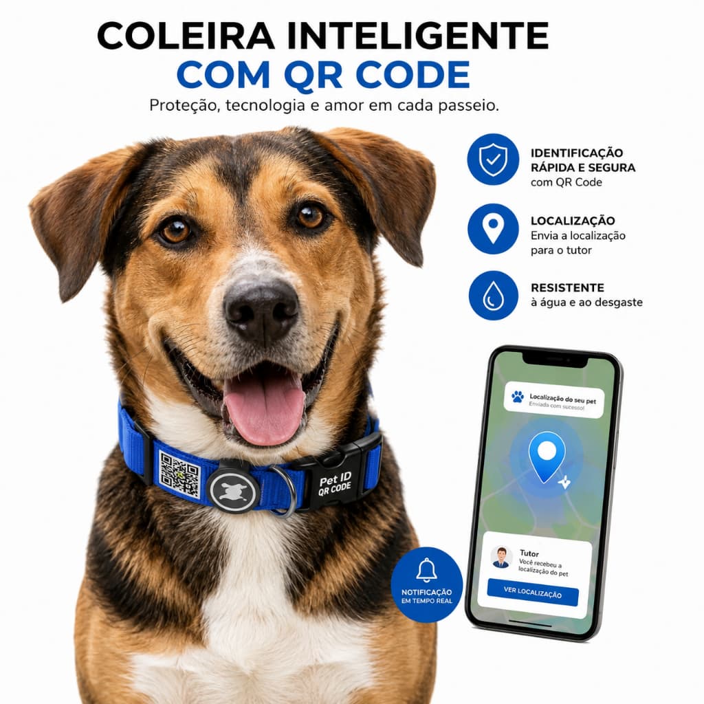 Coleira para cachorro com identificação inteligente QR Code