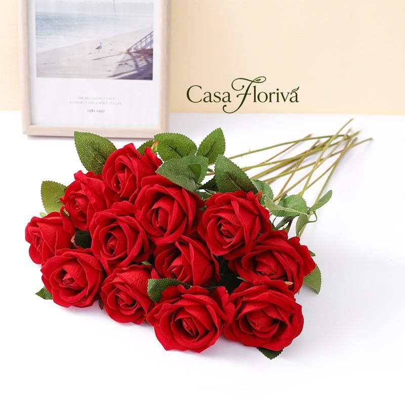 10 Rosas Artificiais Vermelhas Aveludadas 50cm, Buquê de Flores Decorativas para Decoração Casa Festa Casamento