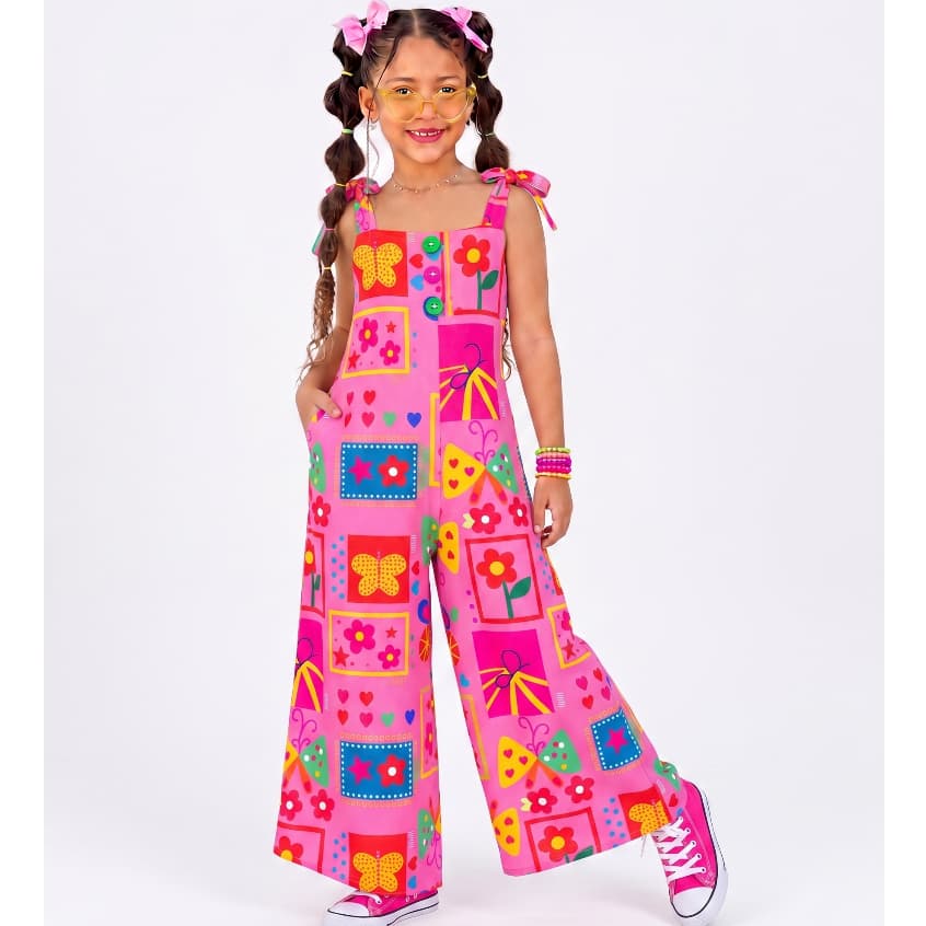 Macacão Pantalona Infantil Menina,Estampado, Colorido, alças com Laço, Verão 2 Estampas De 04 a 12 anos