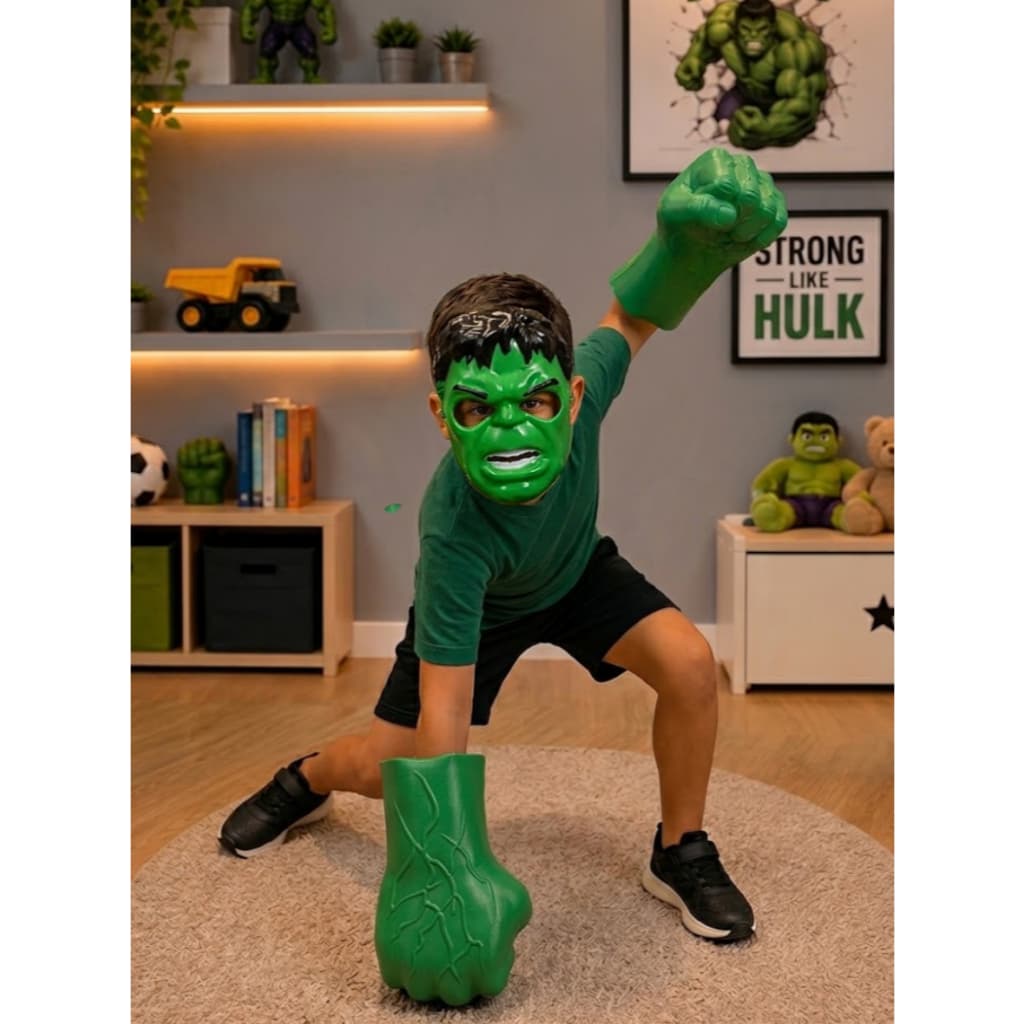 Kit Brinquedos do Hulk Luva + Mascara de Plástico Realista Meninos Infantil Diversão