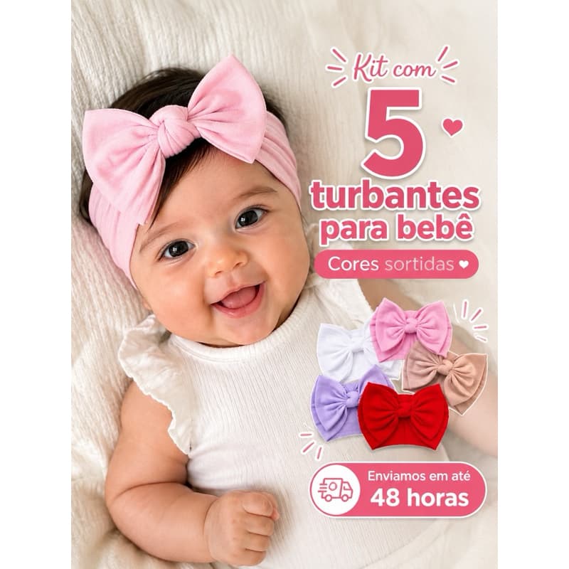 Turbante Bebê Faixa Turbante Laços Infantil Bebê Kit com 5 Unidades Turbantes Meia de Seda Confortável Envio Imediato