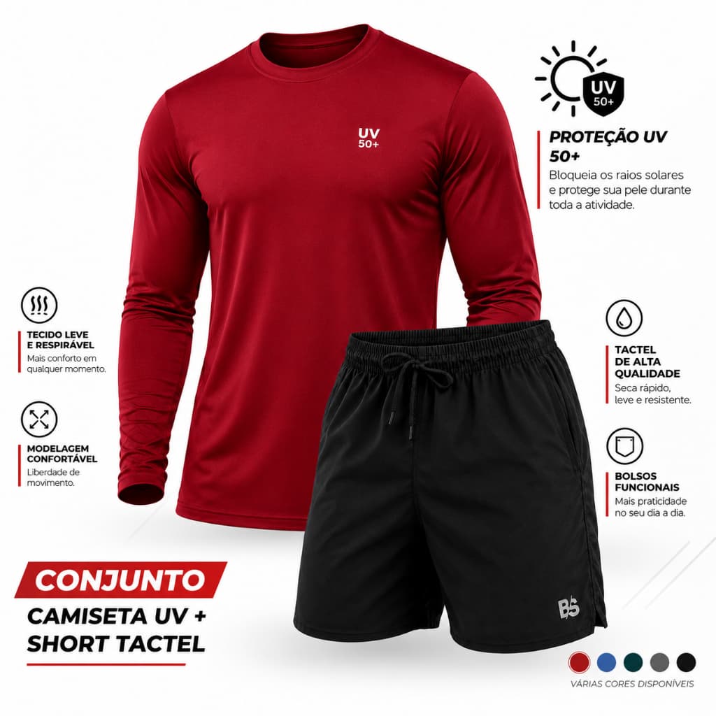 Conjunto Camisa Termica Manga Longa UV & Bermudas Tactel Shorts Masculino Confortável Básico Academia Corrida Trabalho