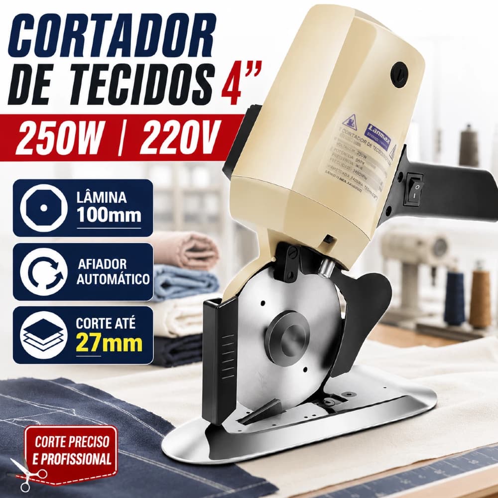 Cortador de Tecidos Elétrico 4 Pol 100mm 250W 220V Lâmina Octogonal Afiador Automático Profissional